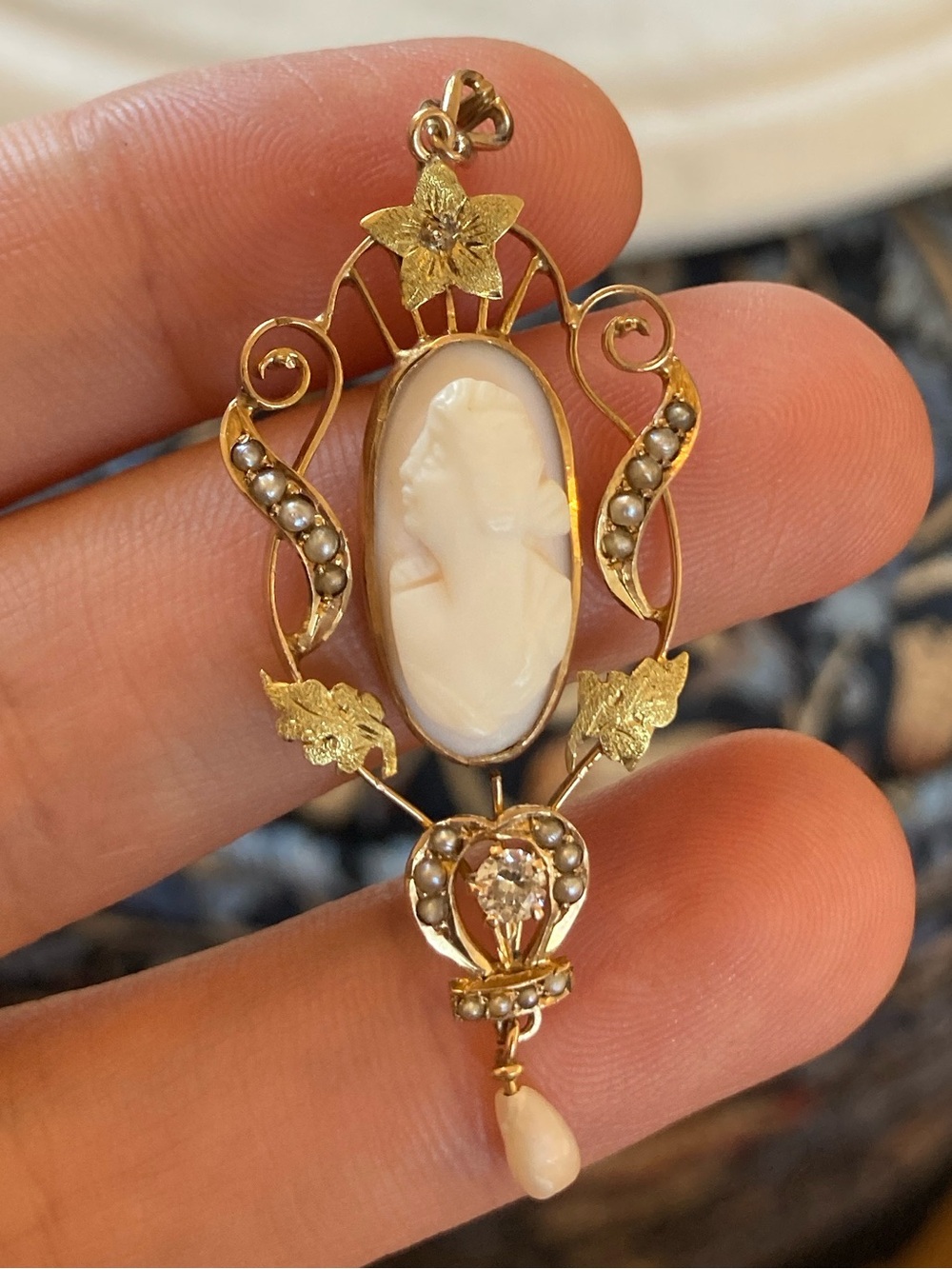Antique Victorian 10K Diamond, Seed Pearl, Angel Skin Coral Carved Cameo Pendant - Picture 13 of 17